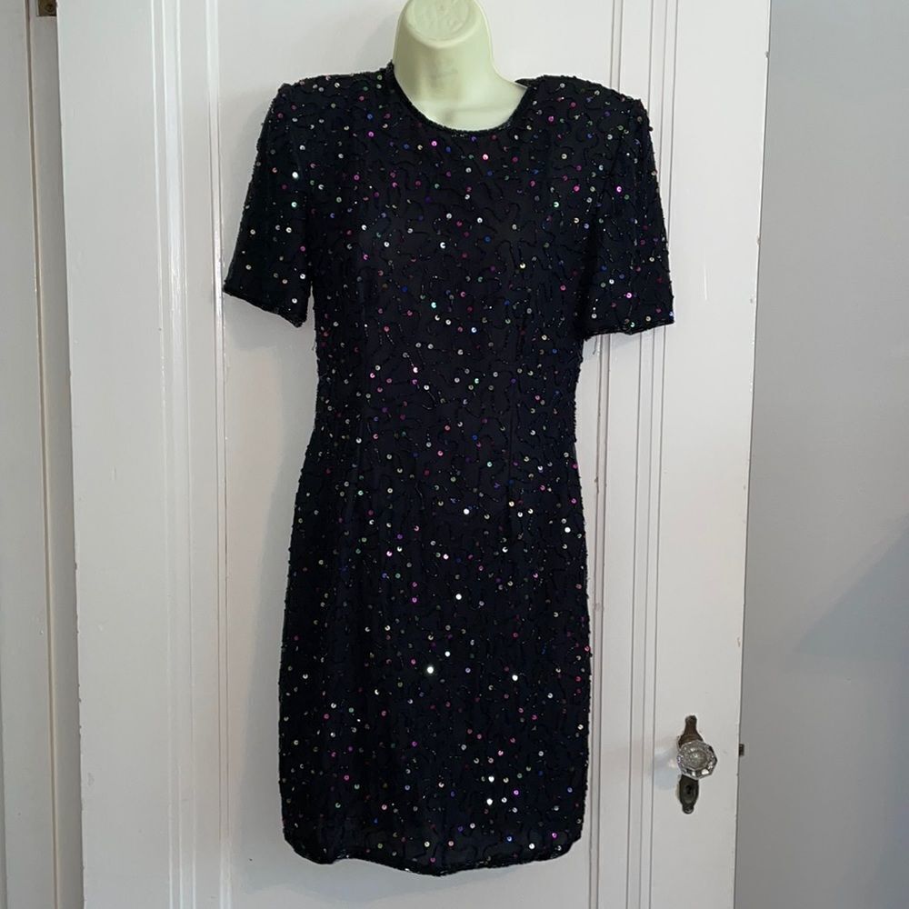 Vtg 80s Stenay black silk party dress/black beads/multi colored spangles/sequins